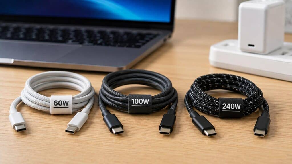 Trois câbles USB-C de 60 W, 100 W et 240 W