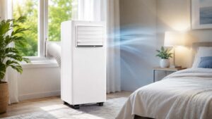 Climatiseur mobile TCL 9000 BTU dans une chambre lumineuse