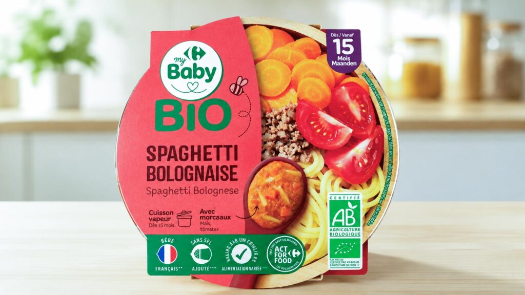 Assiette Carrefour Baby Bio Spaghetti Bolognaise 250 g pour bébé 15 mois concernée par un rappel pour allergène lait non déclaré.