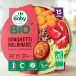 Assiette Carrefour Baby Bio Spaghetti Bolognaise 250 g pour bébé 15 mois concernée par un rappel pour allergène lait non déclaré.