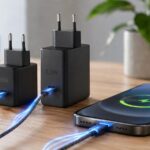 Deux chargeurs USB-C 65 W et 100 W avec prises européennes, posés sur un bureau à côté d’un smartphone en charge.
