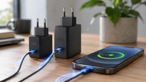 Deux chargeurs USB-C 65 W et 100 W avec prises européennes, posés sur un bureau à côté d’un smartphone en charge.