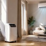 Climatiseur mobile et climatisation split dans un salon