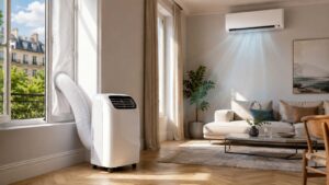 Climatiseur mobile et climatisation split dans un salon