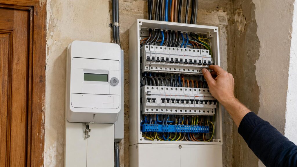 Compteur électrique triphasé dans une maison ancienne