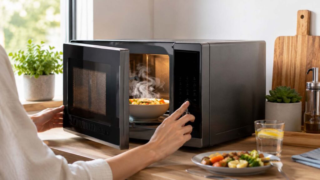 Micro-ondes chauffant un plat dans une cuisine moderne
