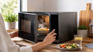 Micro-ondes chauffant un plat dans une cuisine moderne