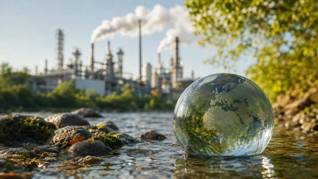 Usine chimique en arrière-plan d’une rivière symbolisant la pollution durable au TFA