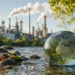 Usine chimique en arrière-plan d’une rivière symbolisant la pollution durable au TFA