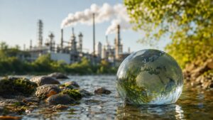 Usine chimique en arrière-plan d’une rivière symbolisant la pollution durable au TFA