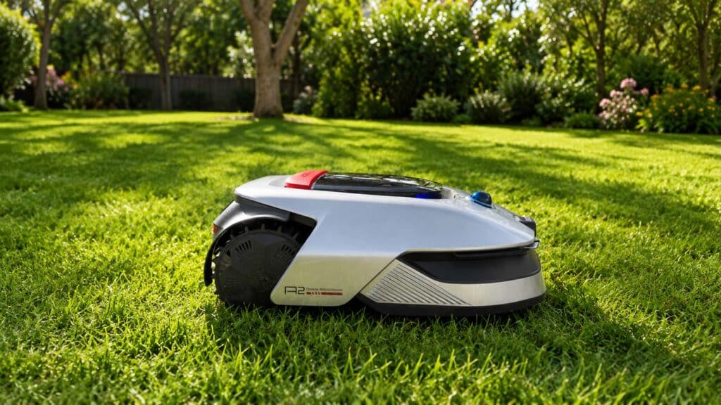 Dreame A2 en pleine tonte dans un grand jardin