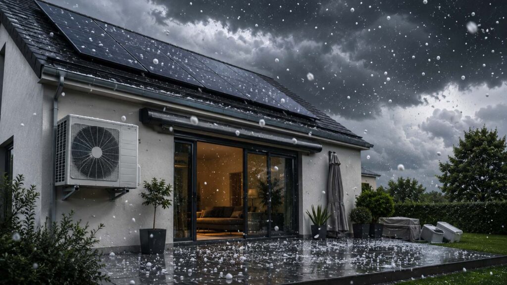 Maison sous la grêle avec climatisation extérieure et panneaux solaires