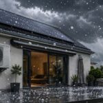 Maison sous la grêle avec climatisation extérieure et panneaux solaires