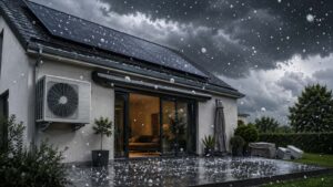 Maison sous la grêle avec climatisation extérieure et panneaux solaires