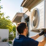 Technicien installant une climatisation extérieure sur une maison