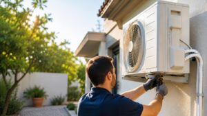 Technicien installant une climatisation extérieure sur une maison