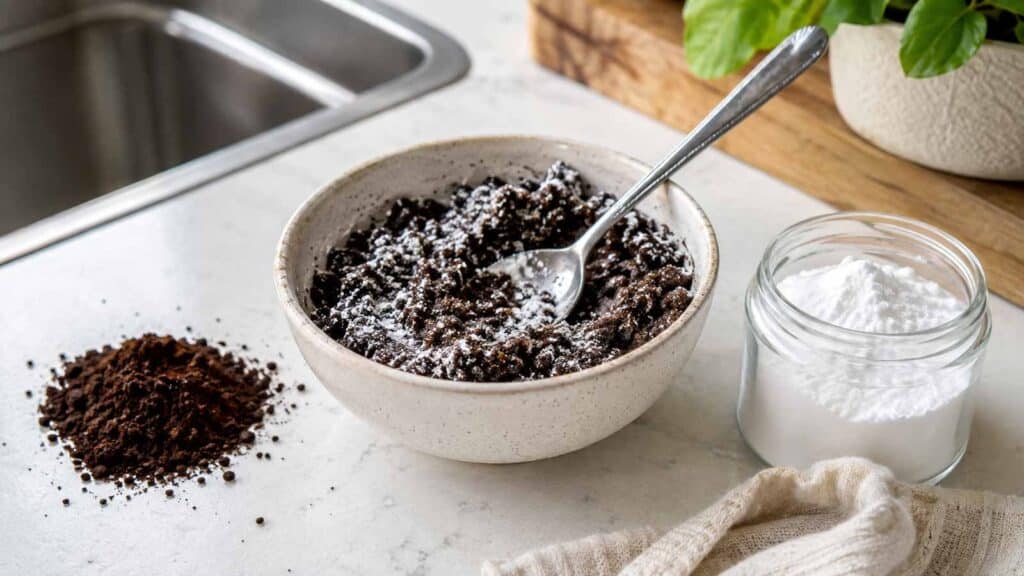 Marc de café mélangé à du bicarbonate de soude dans un bol