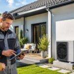 Un installateur présente une pompe à chaleur à une propriétaire.