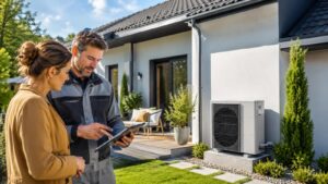 Un installateur présente une pompe à chaleur à une propriétaire.