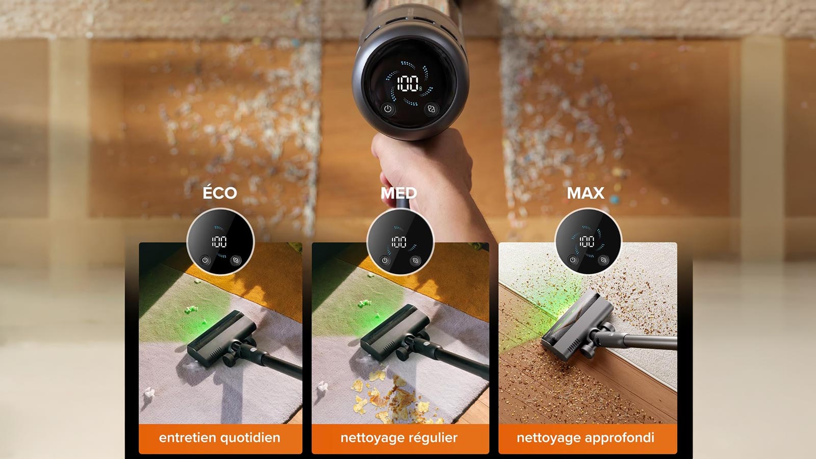 Modes Éco, Med et Max du Roborock H60 Hub Ultra