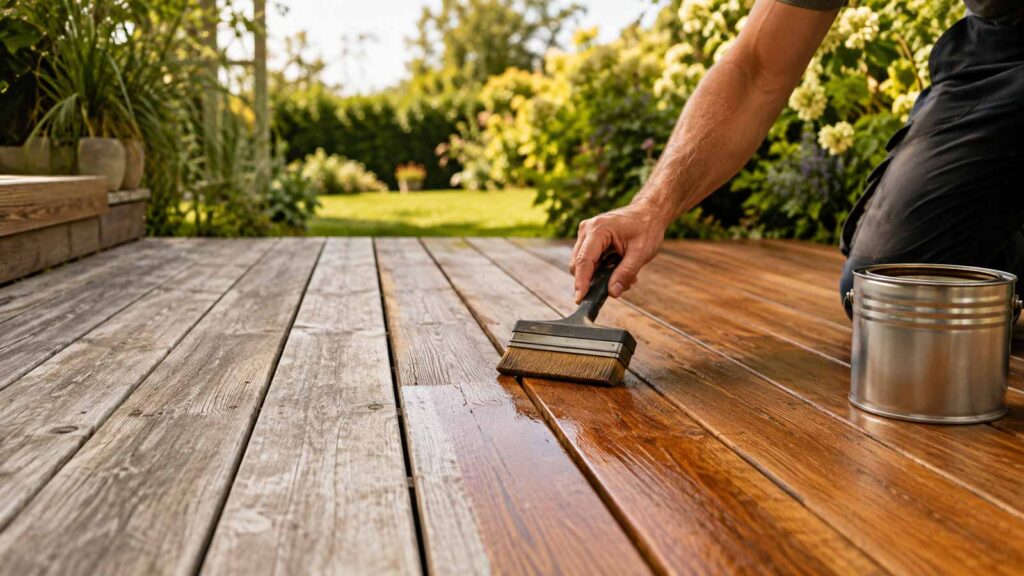 Application d’un saturateur sur une terrasse en bois