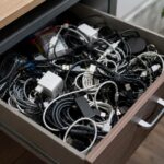 Tiroir de bureau ouvert rempli de câbles et de chargeurs emmêlés