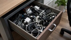 Tiroir de bureau ouvert rempli de câbles et de chargeurs emmêlés