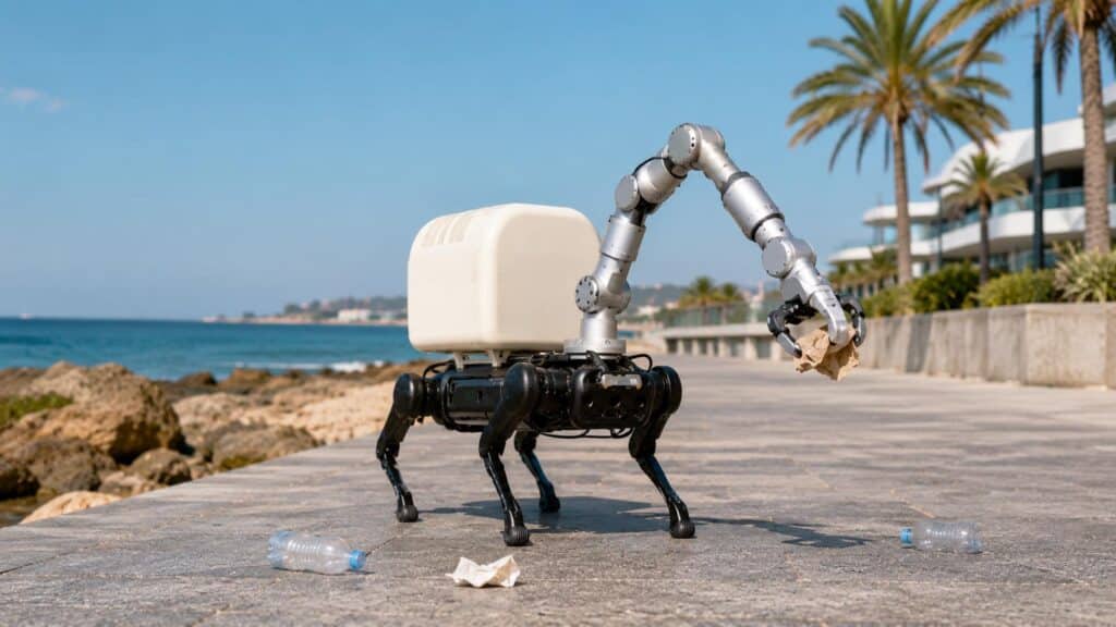 Robot quadrupède avec bras articulé ramassant un déchet sur une promenade côtière