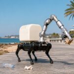 Robot quadrupède avec bras articulé ramassant un déchet sur une promenade côtière