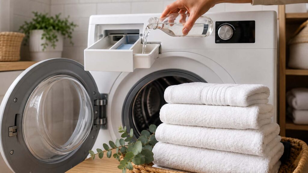 Serviettes blanches pliées devant un lave-linge ouvert, avec du vinaigre blanc versé dans le bac à produits.