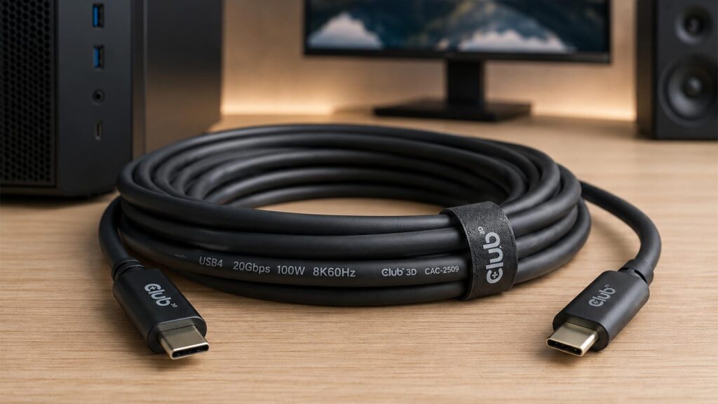 Câble USB4 Type-C de 9 mètres enroulé sur un bureau, devant un écran d’ordinateur et une tour PC.