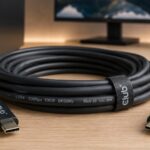 Câble USB4 Type-C de 9 mètres enroulé sur un bureau, devant un écran d’ordinateur et une tour PC.