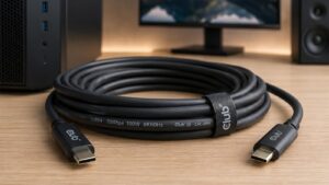 Câble USB4 Type-C de 9 mètres enroulé sur un bureau, devant un écran d’ordinateur et une tour PC.