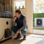 Vieille chaudière au fioul face à une pompe à chaleur moderne
