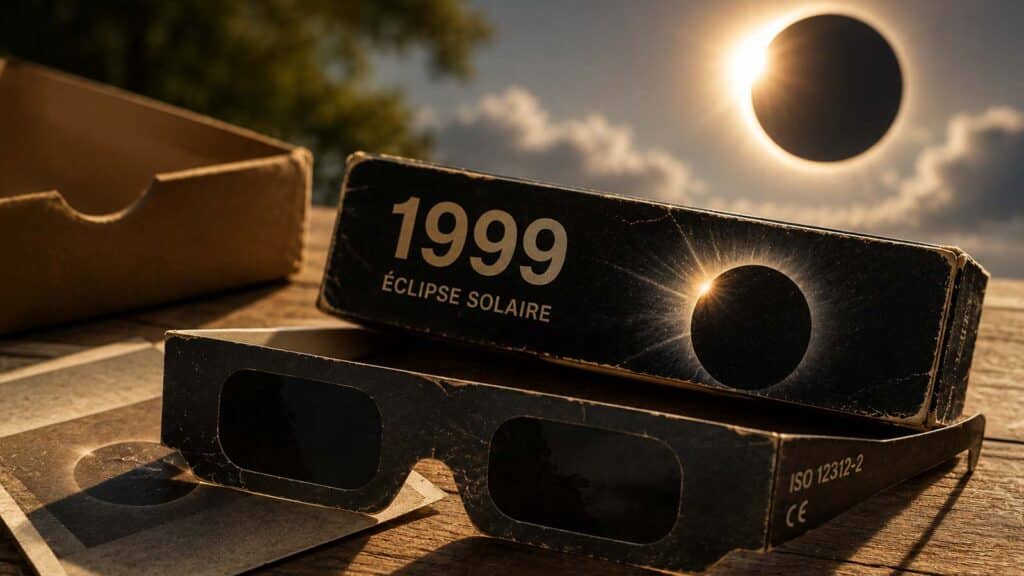 Lunettes d’éclipse solaire de 1999 avec filtre ISO 12312-2 devant une éclipse