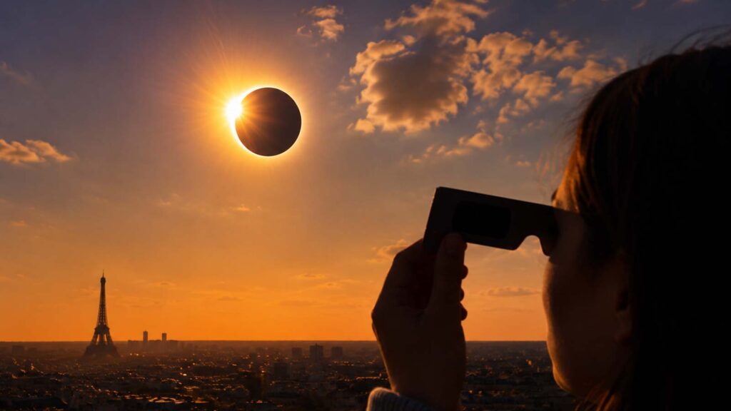 Éclipse solaire observée au-dessus de Paris avec des lunettes adaptées