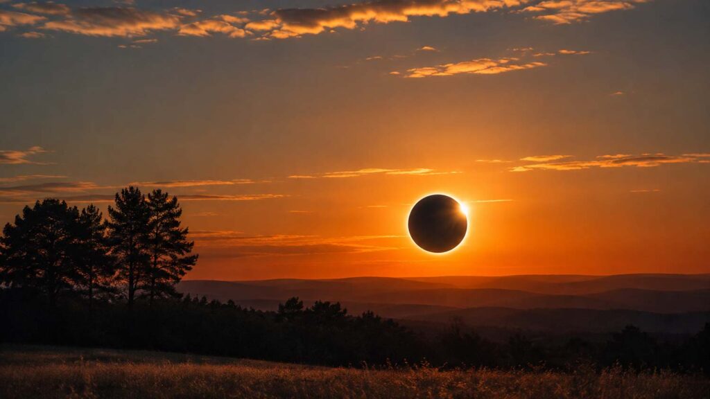 Éclipse solaire très basse sur l’horizon au coucher du soleil