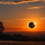 Éclipse solaire très basse sur l’horizon au coucher du soleil