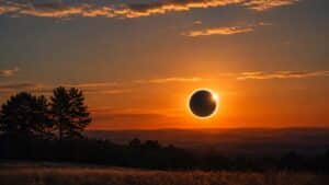 Éclipse solaire très basse sur l’horizon au coucher du soleil