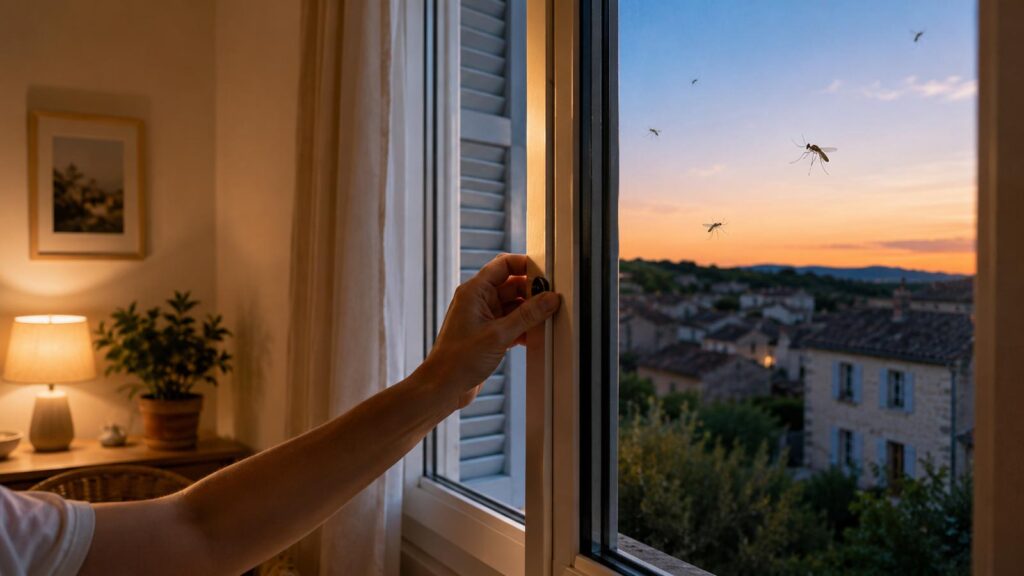 Fenêtre fermée au crépuscule pour éviter les moustiques