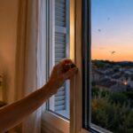 Fenêtre fermée au crépuscule pour éviter les moustiques