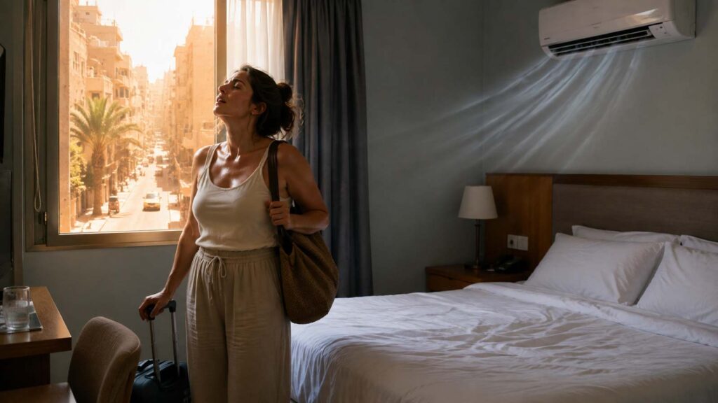 Femme arrivant dans une chambre d’hôtel climatisée pendant la canicule
