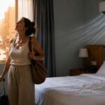 Femme arrivant dans une chambre d’hôtel climatisée pendant la canicule