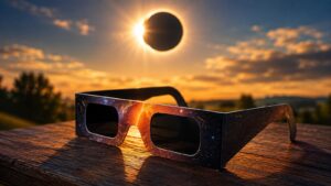 Lunettes de protection posées devant une éclipse solaire