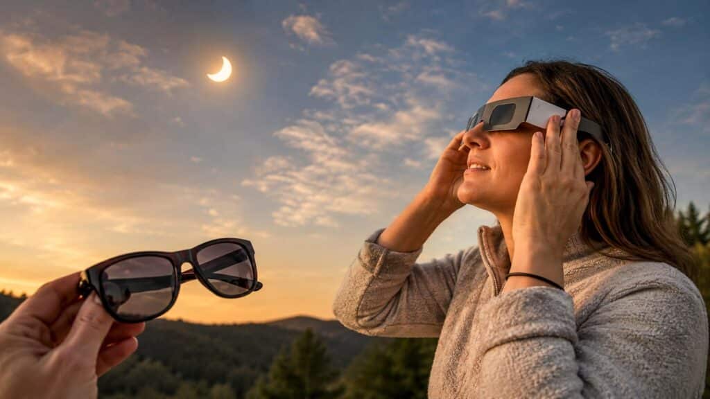Femme observant une éclipse solaire avec des lunettes de protection adaptées.