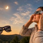 Femme observant une éclipse solaire avec des lunettes de protection adaptées.