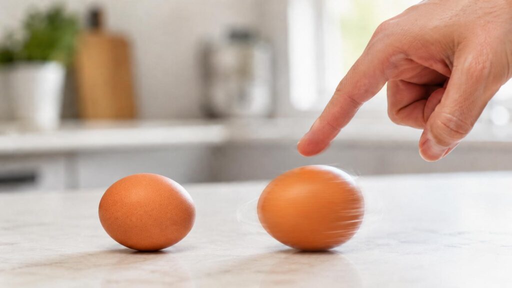 Deux œufs posés à plat sur un plan de travail, dont un en rotation sous un doigt.