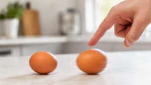 Deux œufs posés à plat sur un plan de travail, dont un en rotation sous un doigt.