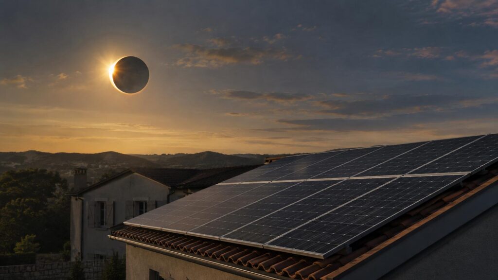 Éclipse solaire au-dessus d’une maison équipée de panneaux photovoltaïques