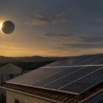 Éclipse solaire au-dessus d’une maison équipée de panneaux photovoltaïques
